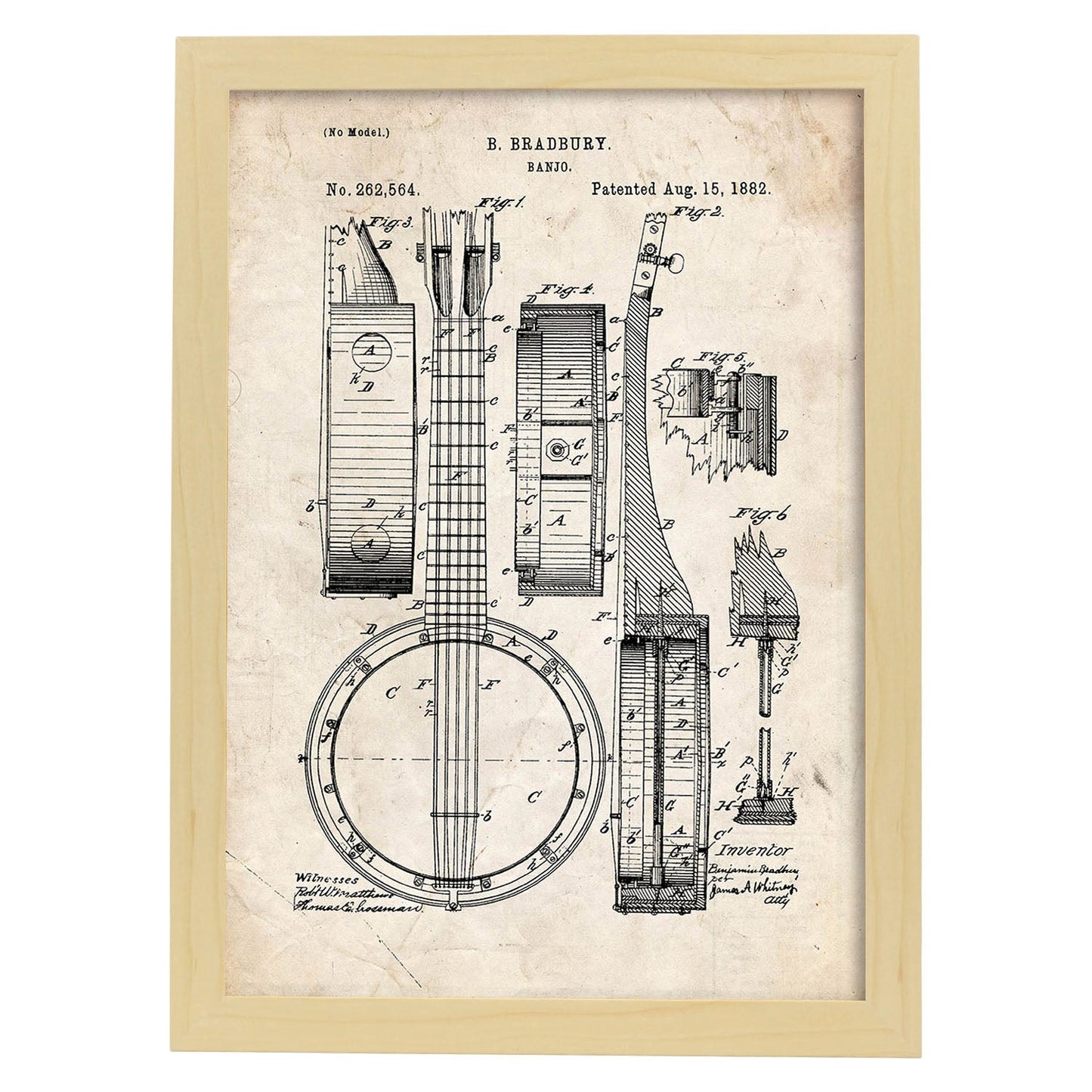 Poster con patente de Banjo. Lámina con diseño de patente antigua.-Artwork-Nacnic-A4-Marco Madera clara-Nacnic Estudio SL