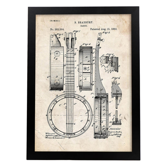 Poster con patente de Banjo. Lámina con diseño de patente antigua.-Artwork-Nacnic-A4-Marco Negro-Nacnic Estudio SL