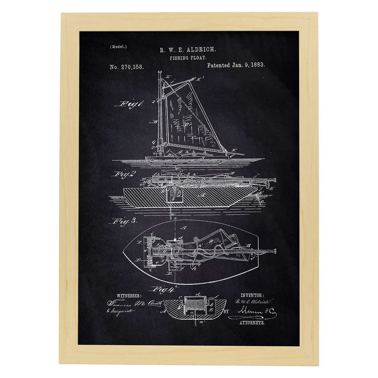 Poster con patente de Barco de pesca. Lámina con diseño de patente antigua-Artwork-Nacnic-A3-Marco Madera clara-Nacnic Estudio SL
