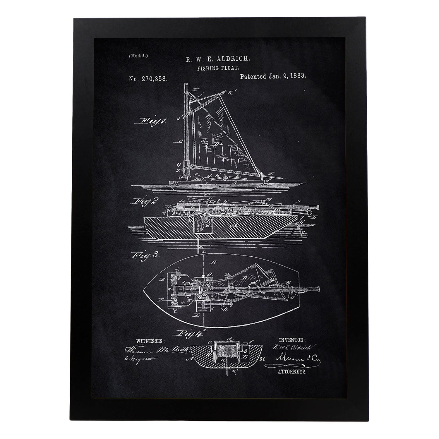 Poster con patente de Barco de pesca. Lámina con diseño de patente antigua-Artwork-Nacnic-A3-Marco Negro-Nacnic Estudio SL