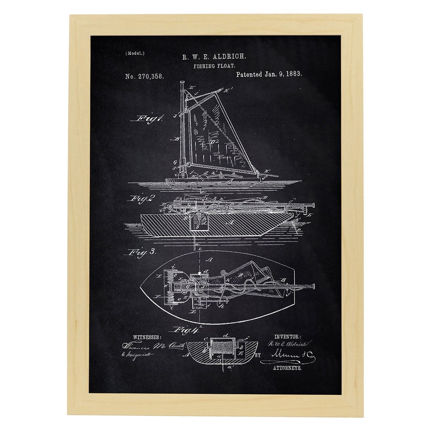 Poster con patente de Barco de pesca. Lámina con diseño de patente antigua-Artwork-Nacnic-A4-Marco Madera clara-Nacnic Estudio SL