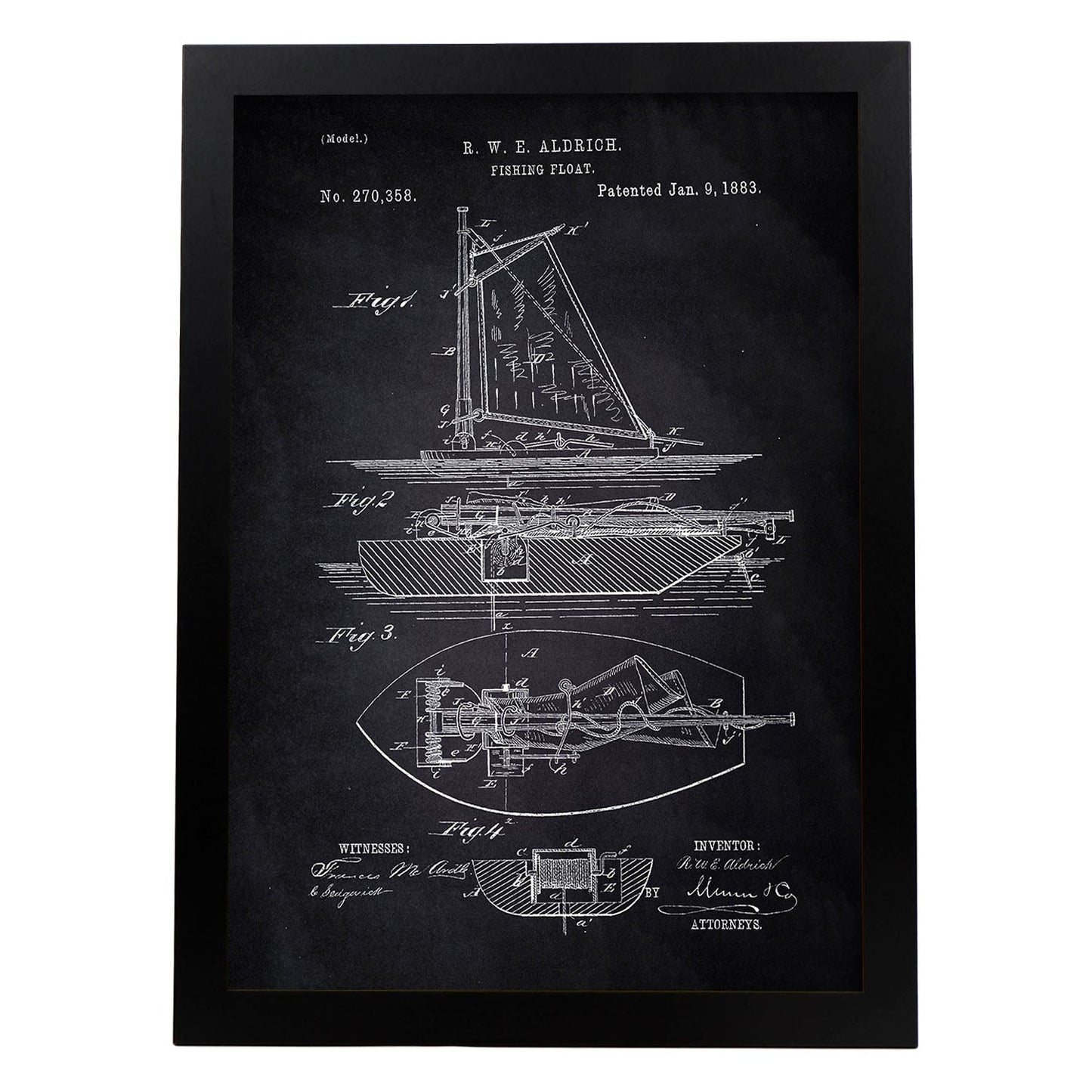 Poster con patente de Barco de pesca. Lámina con diseño de patente antigua-Artwork-Nacnic-A4-Marco Negro-Nacnic Estudio SL