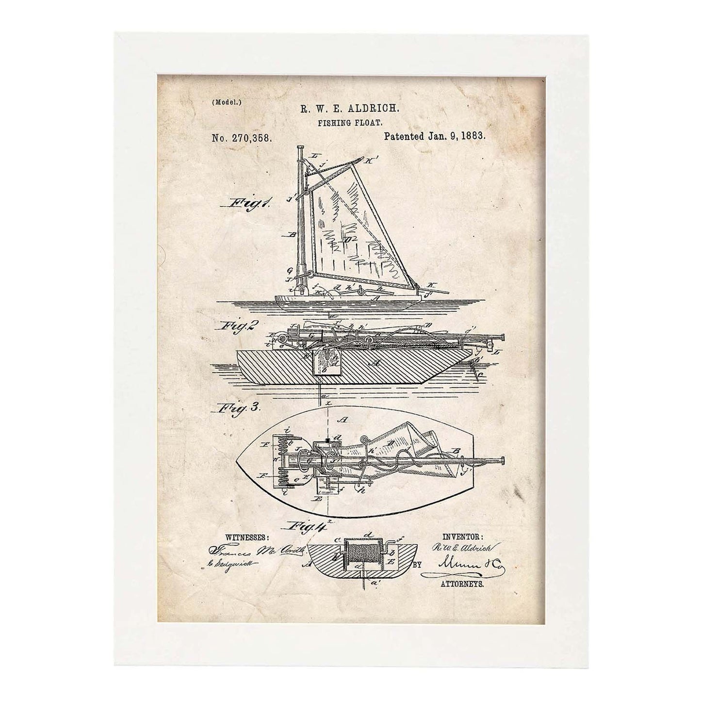 Poster con patente de Barco de pesca. Lámina con diseño de patente antigua.-Artwork-Nacnic-A3-Marco Blanco-Nacnic Estudio SL