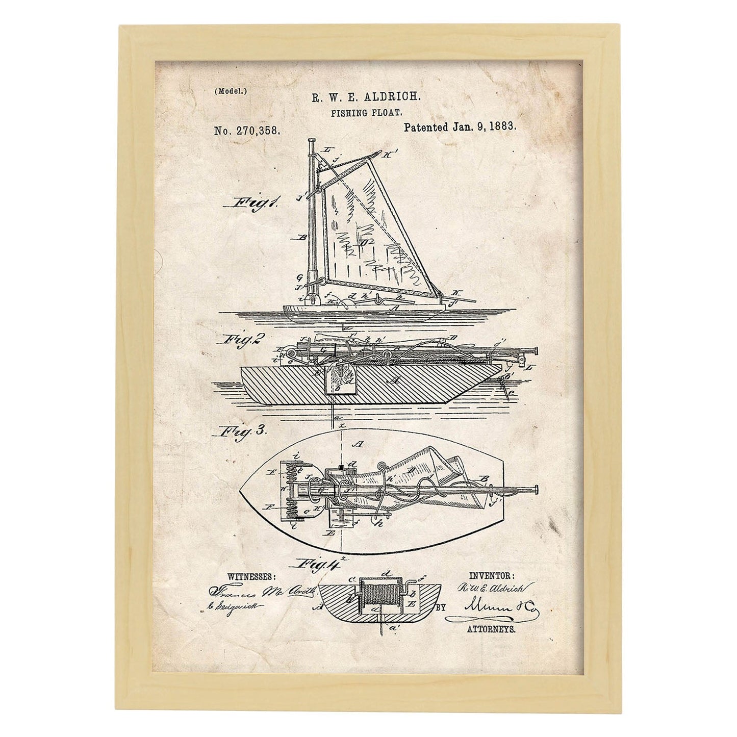 Poster con patente de Barco de pesca. Lámina con diseño de patente antigua.-Artwork-Nacnic-A3-Marco Madera clara-Nacnic Estudio SL
