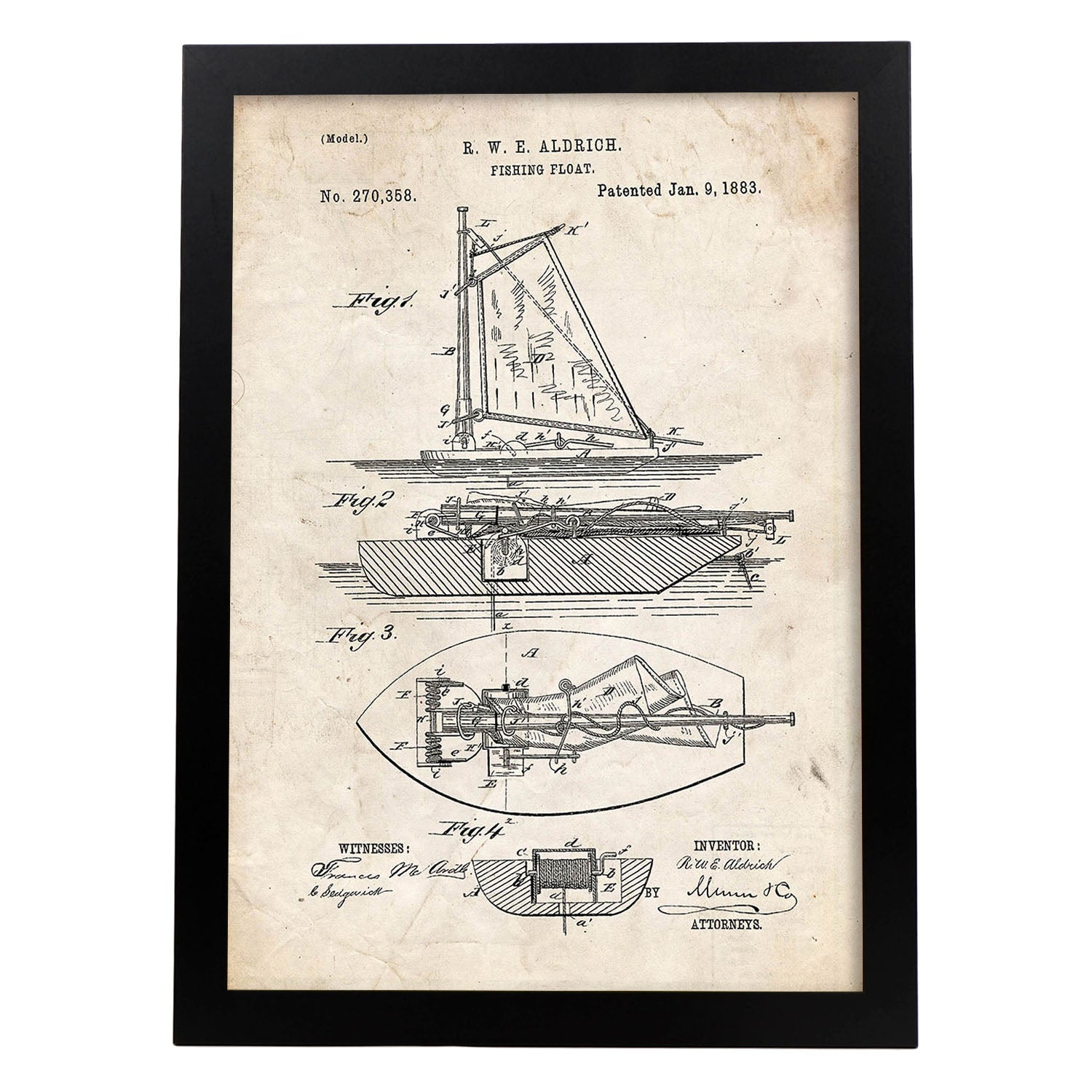 Poster con patente de Barco de pesca. Lámina con diseño de patente antigua.-Artwork-Nacnic-A3-Marco Negro-Nacnic Estudio SL