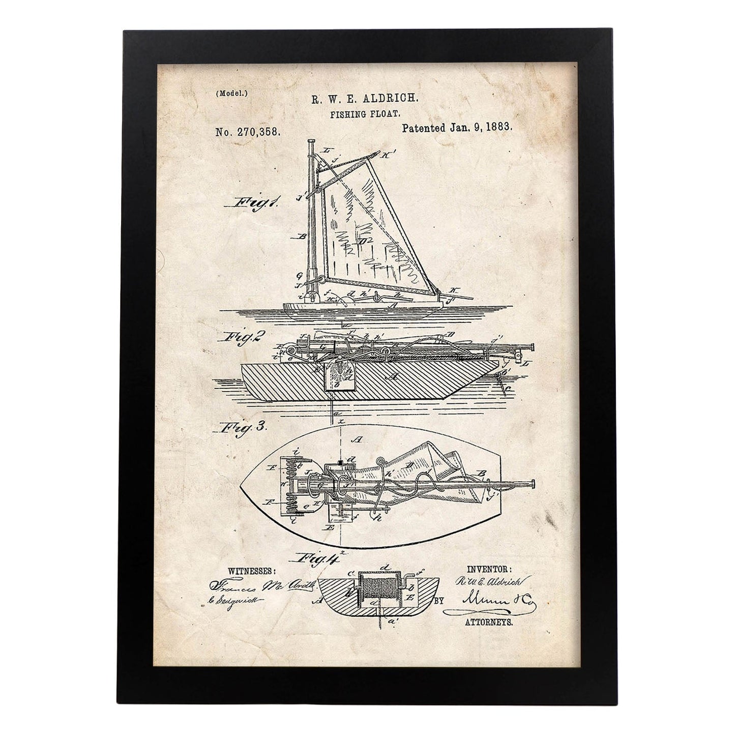 Poster con patente de Barco de pesca. Lámina con diseño de patente antigua.-Artwork-Nacnic-A4-Marco Negro-Nacnic Estudio SL