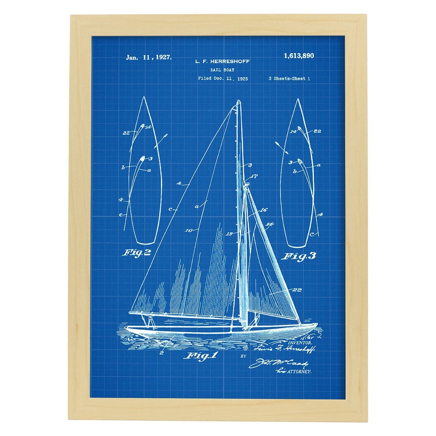 Poster con patente de Barco velero. Lámina con diseño de patente antigua-Artwork-Nacnic-A3-Marco Madera clara-Nacnic Estudio SL