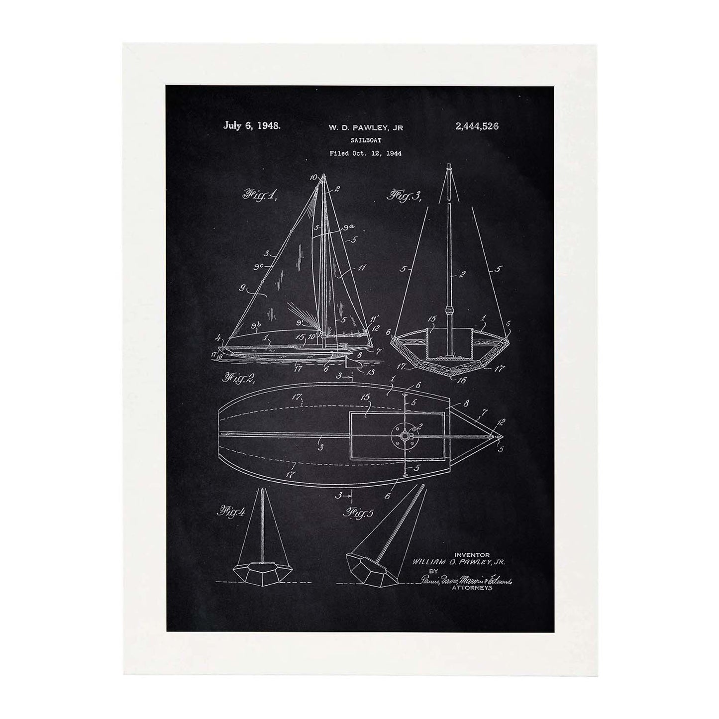 Poster con patente de Barco velero. Lámina con diseño de patente antigua-Artwork-Nacnic-A4-Marco Blanco-Nacnic Estudio SL