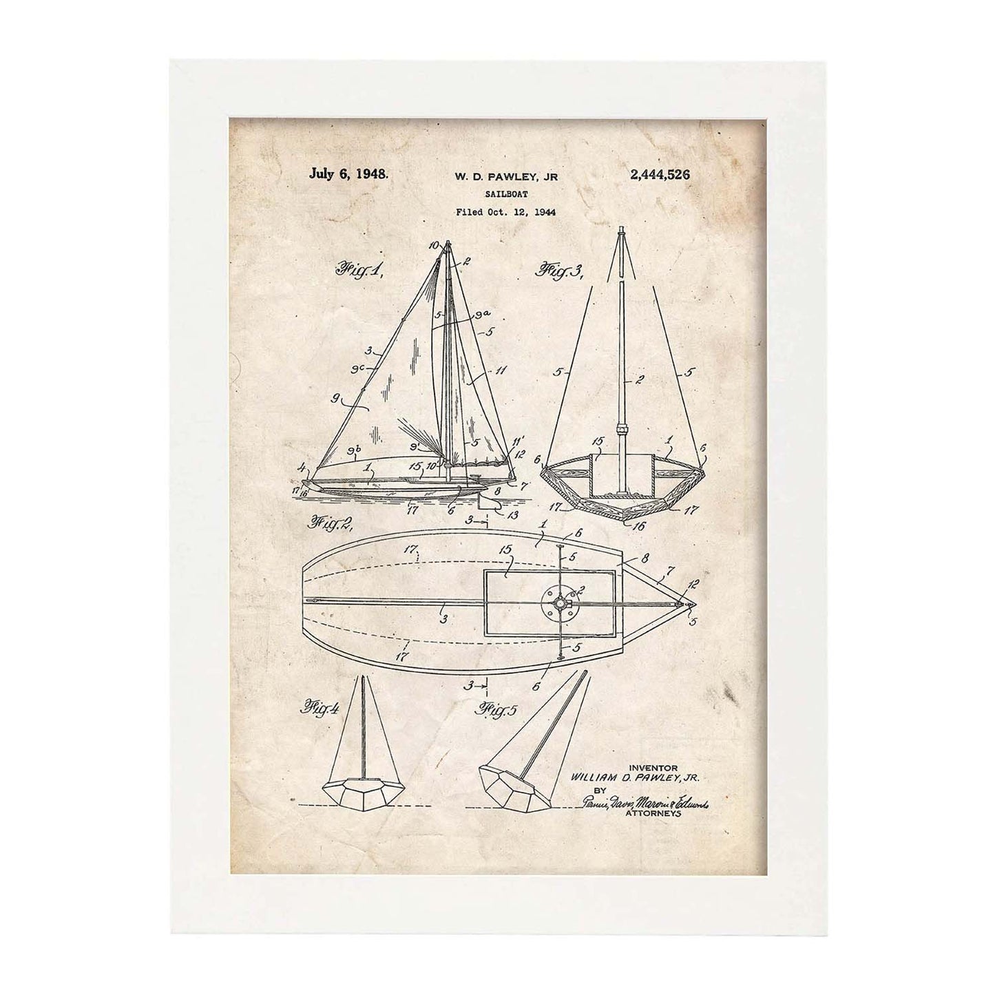 Poster con patente de Barco velero. Lámina con diseño de patente antigua.-Artwork-Nacnic-A3-Marco Blanco-Nacnic Estudio SL