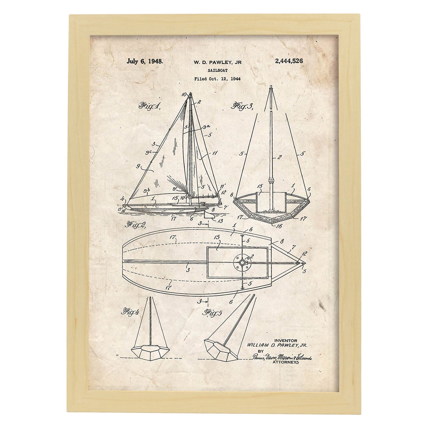 Poster con patente de Barco velero. Lámina con diseño de patente antigua.-Artwork-Nacnic-A3-Marco Madera clara-Nacnic Estudio SL