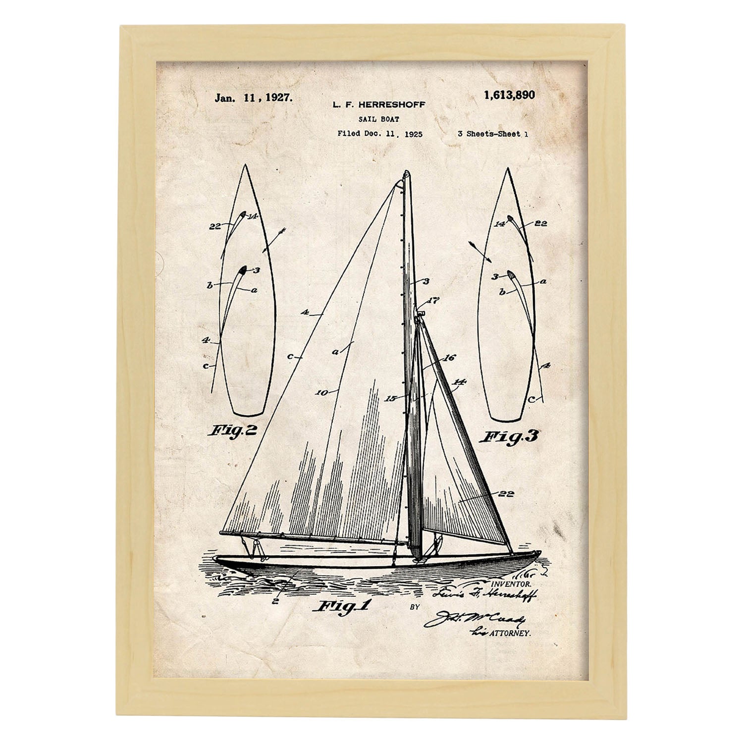Poster con patente de Barco velero. Lámina con diseño de patente antigua.-Artwork-Nacnic-A3-Marco Madera clara-Nacnic Estudio SL