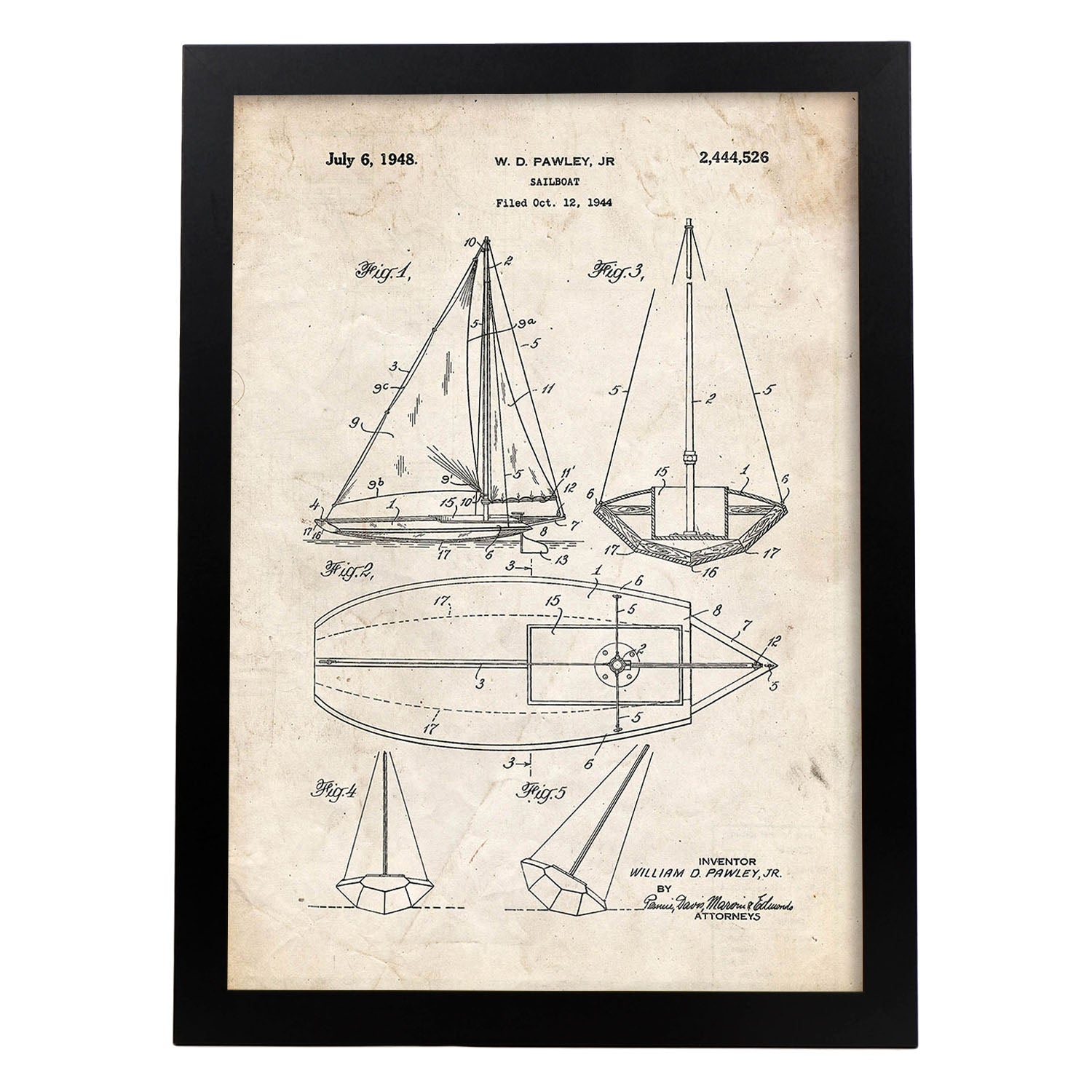 Poster con patente de Barco velero. Lámina con diseño de patente antigua.-Artwork-Nacnic-A3-Marco Negro-Nacnic Estudio SL