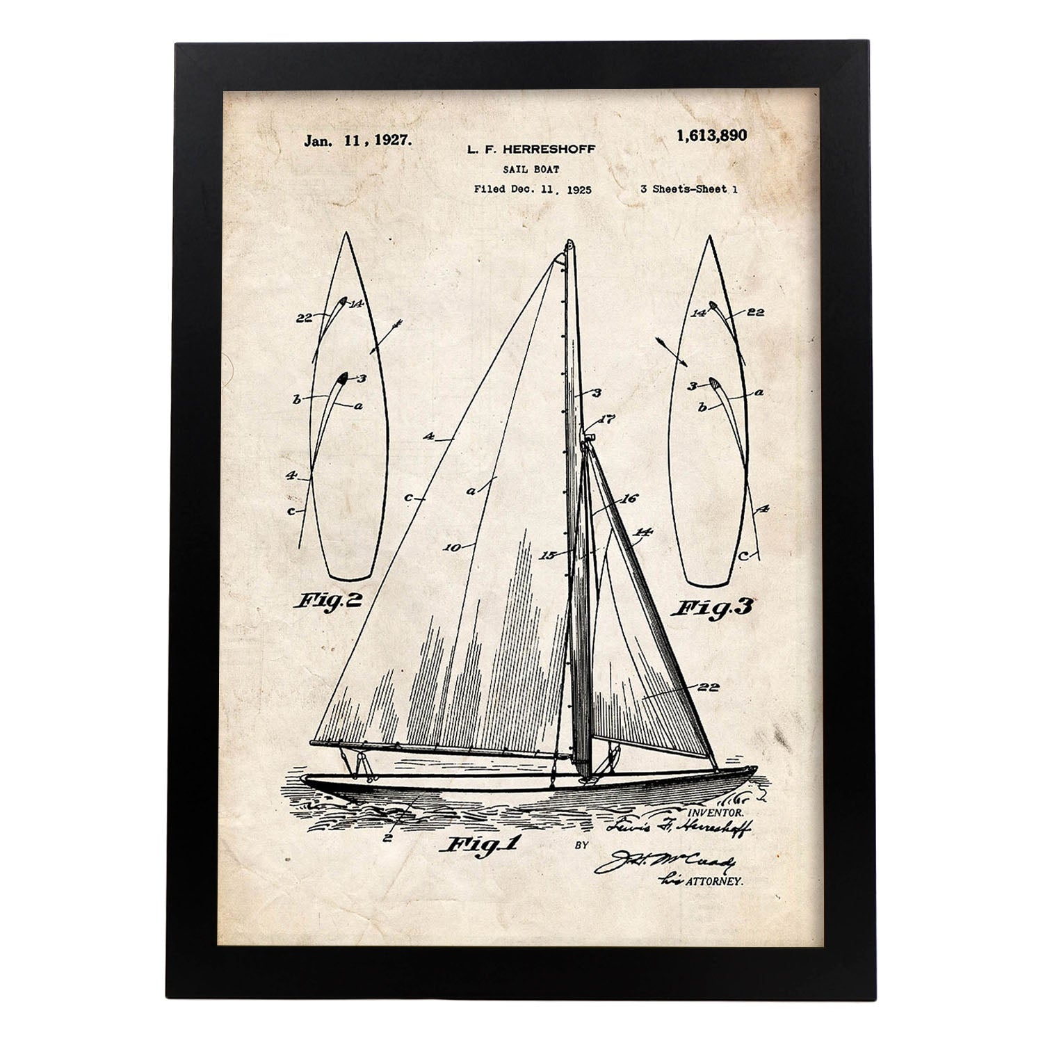 Poster con patente de Barco velero. Lámina con diseño de patente antigua.-Artwork-Nacnic-A3-Marco Negro-Nacnic Estudio SL