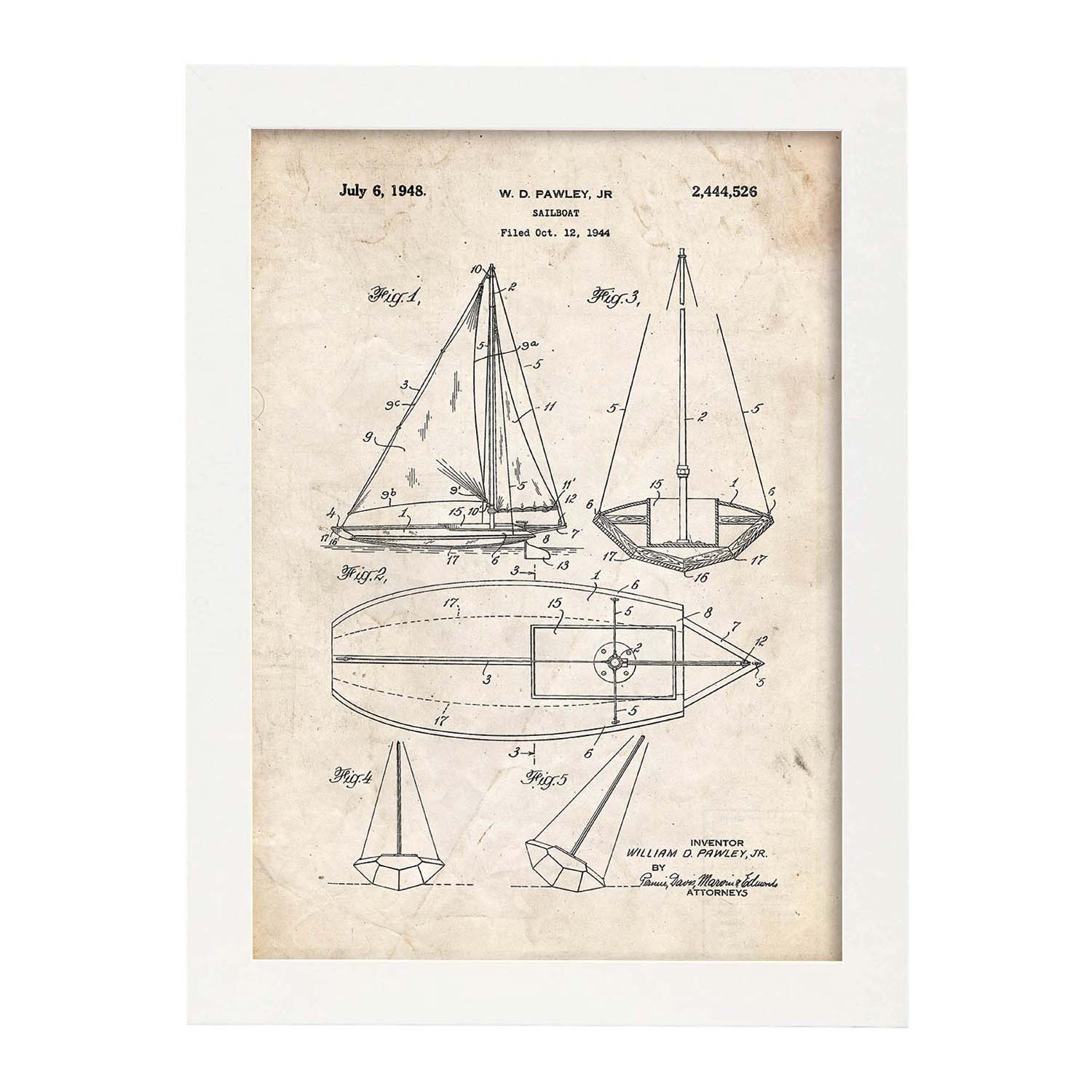 Poster con patente de Barco velero. Lámina con diseño de patente antigua.-Artwork-Nacnic-A4-Marco Blanco-Nacnic Estudio SL
