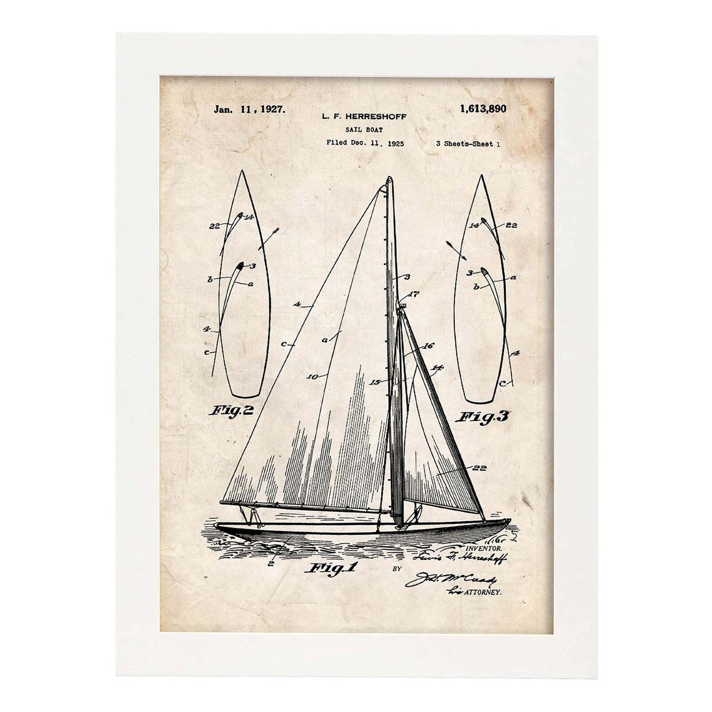 Poster con patente de Barco velero. Lámina con diseño de patente antigua.-Artwork-Nacnic-A4-Marco Blanco-Nacnic Estudio SL
