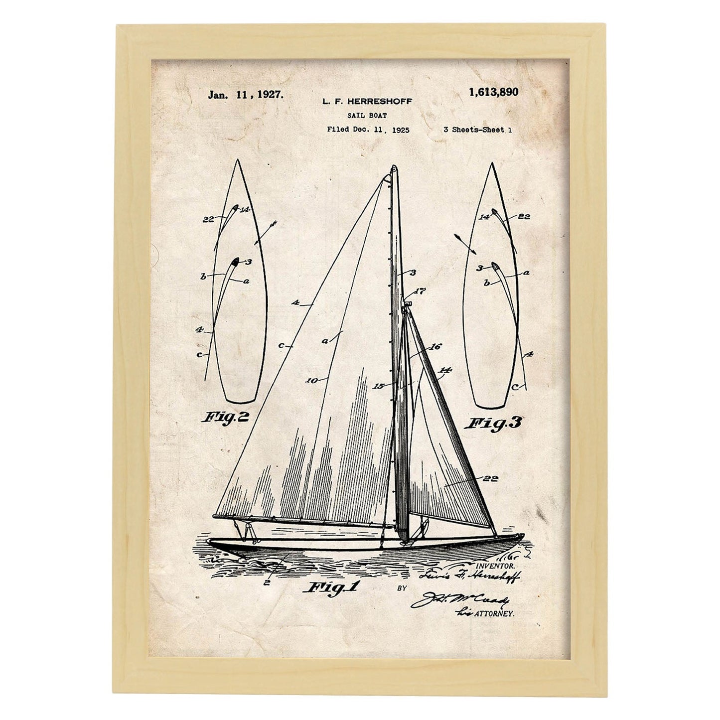 Poster con patente de Barco velero. Lámina con diseño de patente antigua.-Artwork-Nacnic-A4-Marco Madera clara-Nacnic Estudio SL