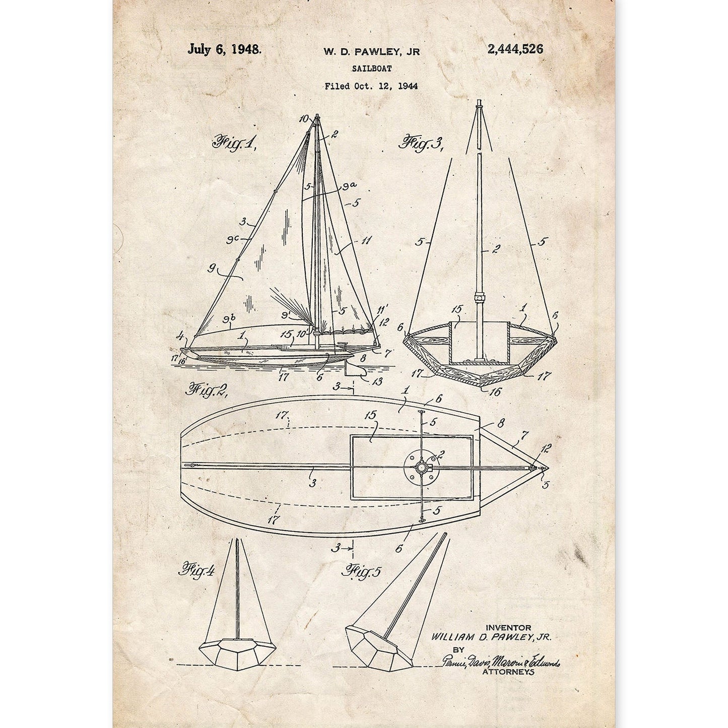 Poster con patente de Barco velero. Lámina con diseño de patente antigua.-Artwork-Nacnic-A4-Sin marco-Nacnic Estudio SL
