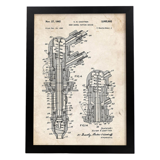 Poster con patente de Barril de cerveza 2. Lámina con diseño de patente antigua.-Artwork-Nacnic-A4-Marco Negro-Nacnic Estudio SL