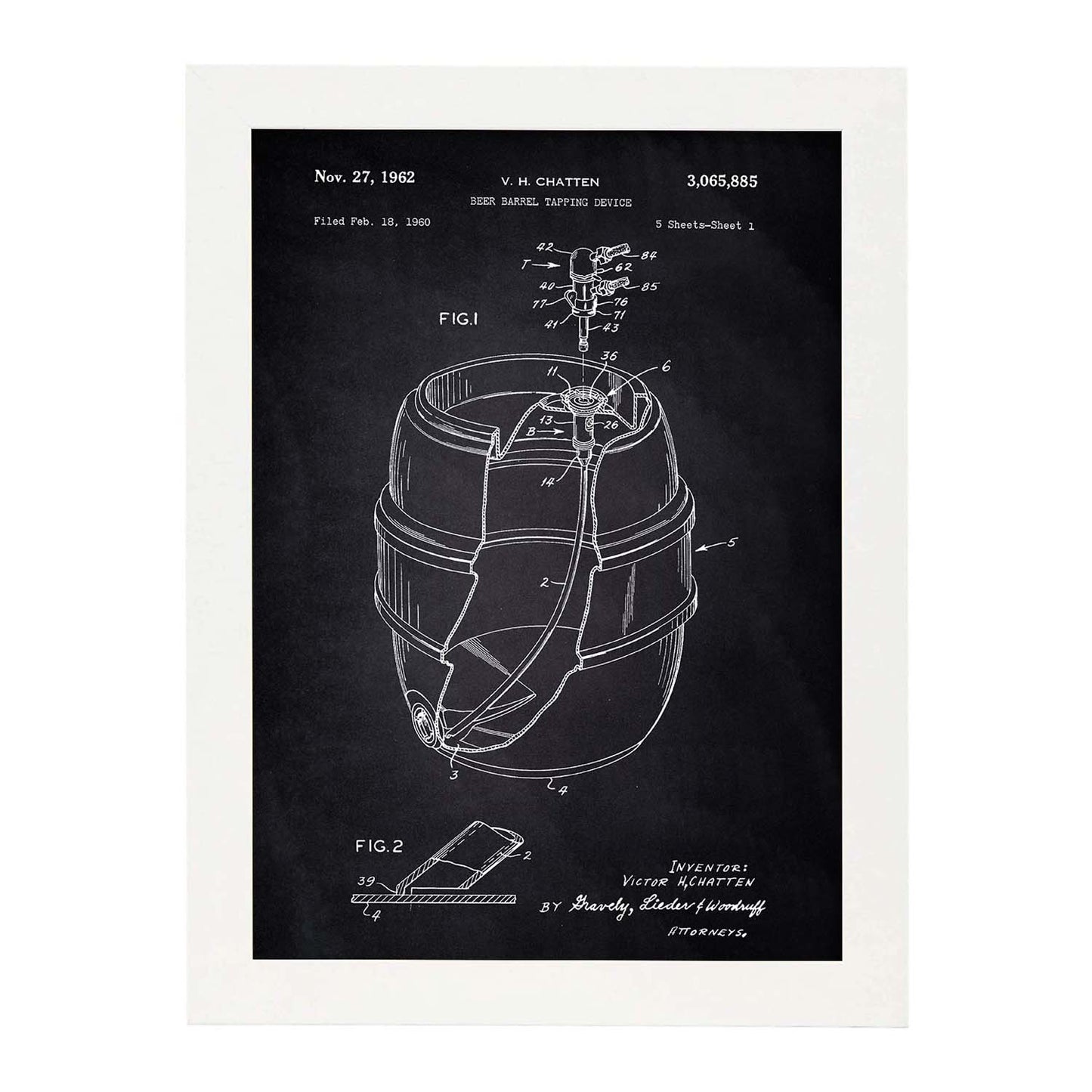 Poster con patente de Barril de cerveza. Lámina con diseño de patente antigua-Artwork-Nacnic-A3-Marco Blanco-Nacnic Estudio SL