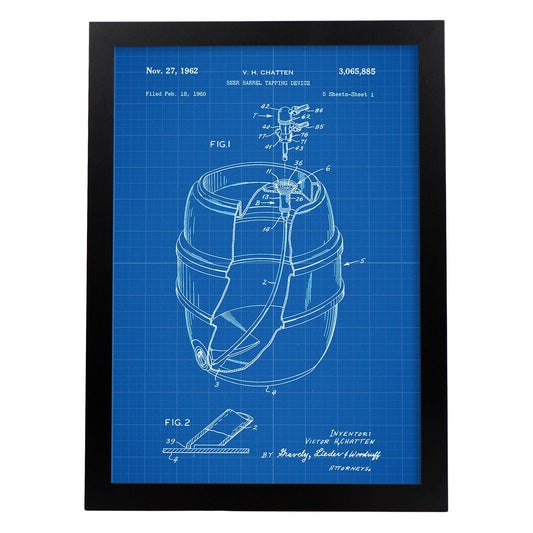 Poster con patente de Barril de cerveza. Lámina con diseño de patente antigua-Artwork-Nacnic-A3-Marco Negro-Nacnic Estudio SL