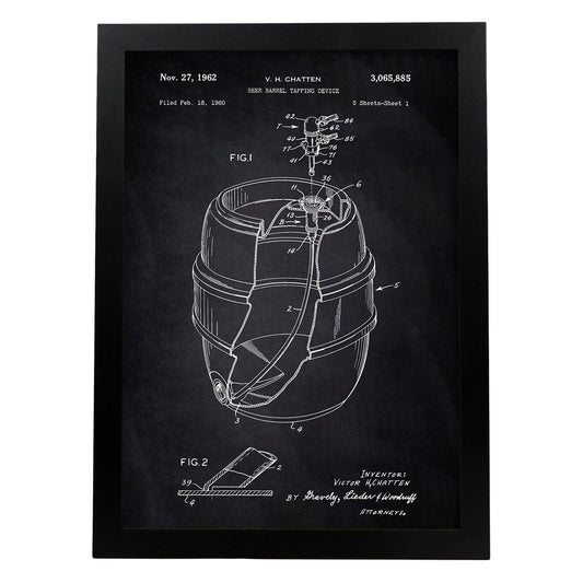 Poster con patente de Barril de cerveza. Lámina con diseño de patente antigua-Artwork-Nacnic-A4-Marco Negro-Nacnic Estudio SL