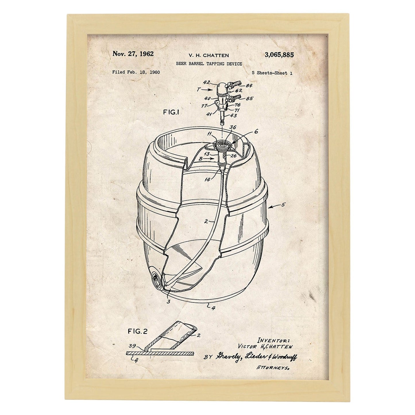 Poster con patente de Barril de cerveza. Lámina con diseño de patente antigua.-Artwork-Nacnic-A3-Marco Madera clara-Nacnic Estudio SL