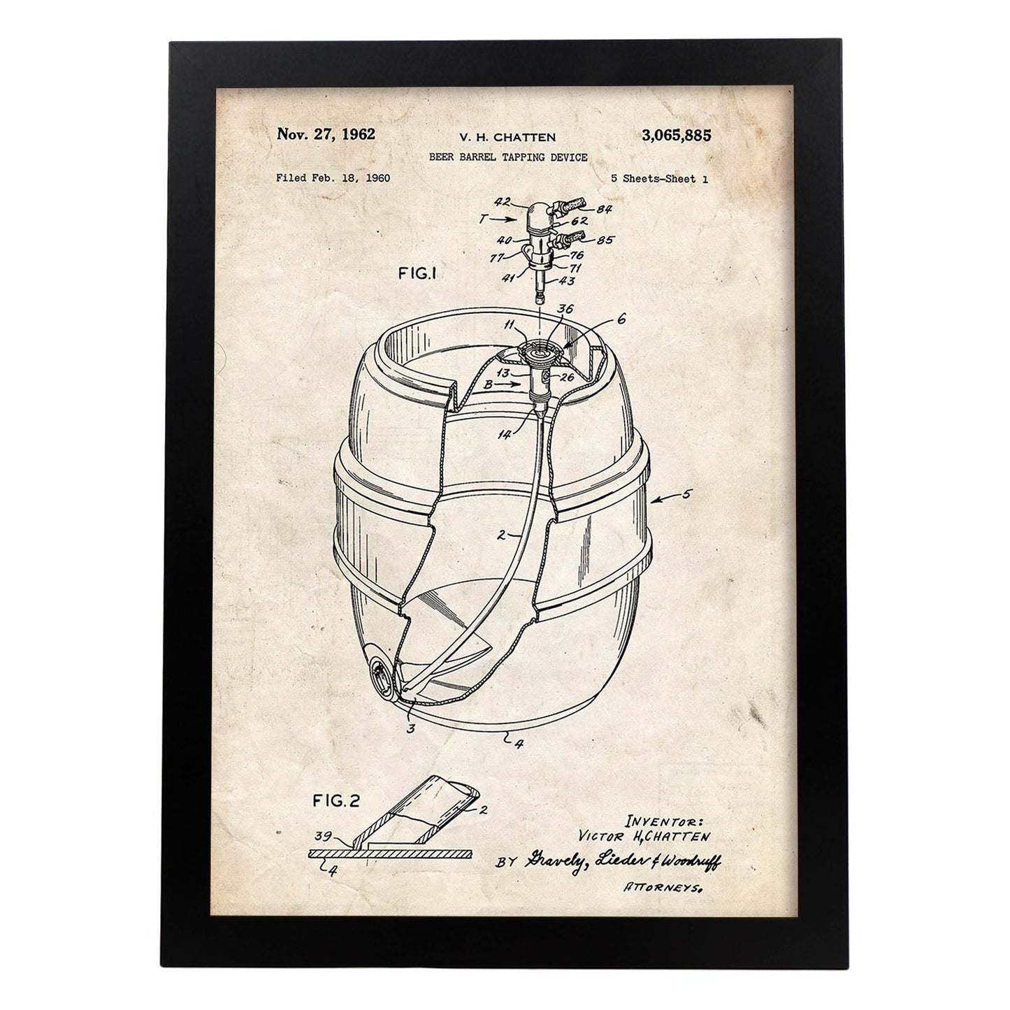 Poster con patente de Barril de cerveza. Lámina con diseño de patente antigua.-Artwork-Nacnic-A3-Marco Negro-Nacnic Estudio SL