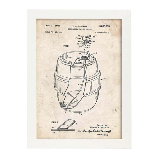 Poster con patente de Barril de cerveza. Lámina con diseño de patente antigua.-Artwork-Nacnic-A4-Marco Blanco-Nacnic Estudio SL