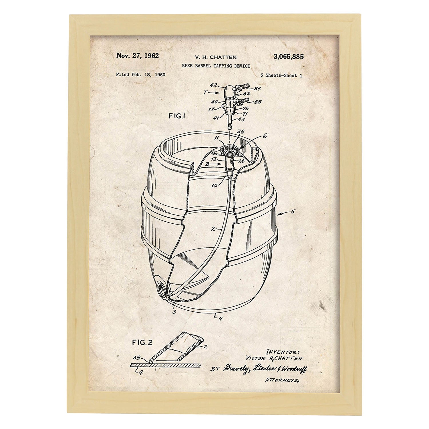 Poster con patente de Barril de cerveza. Lámina con diseño de patente antigua.-Artwork-Nacnic-A4-Marco Madera clara-Nacnic Estudio SL