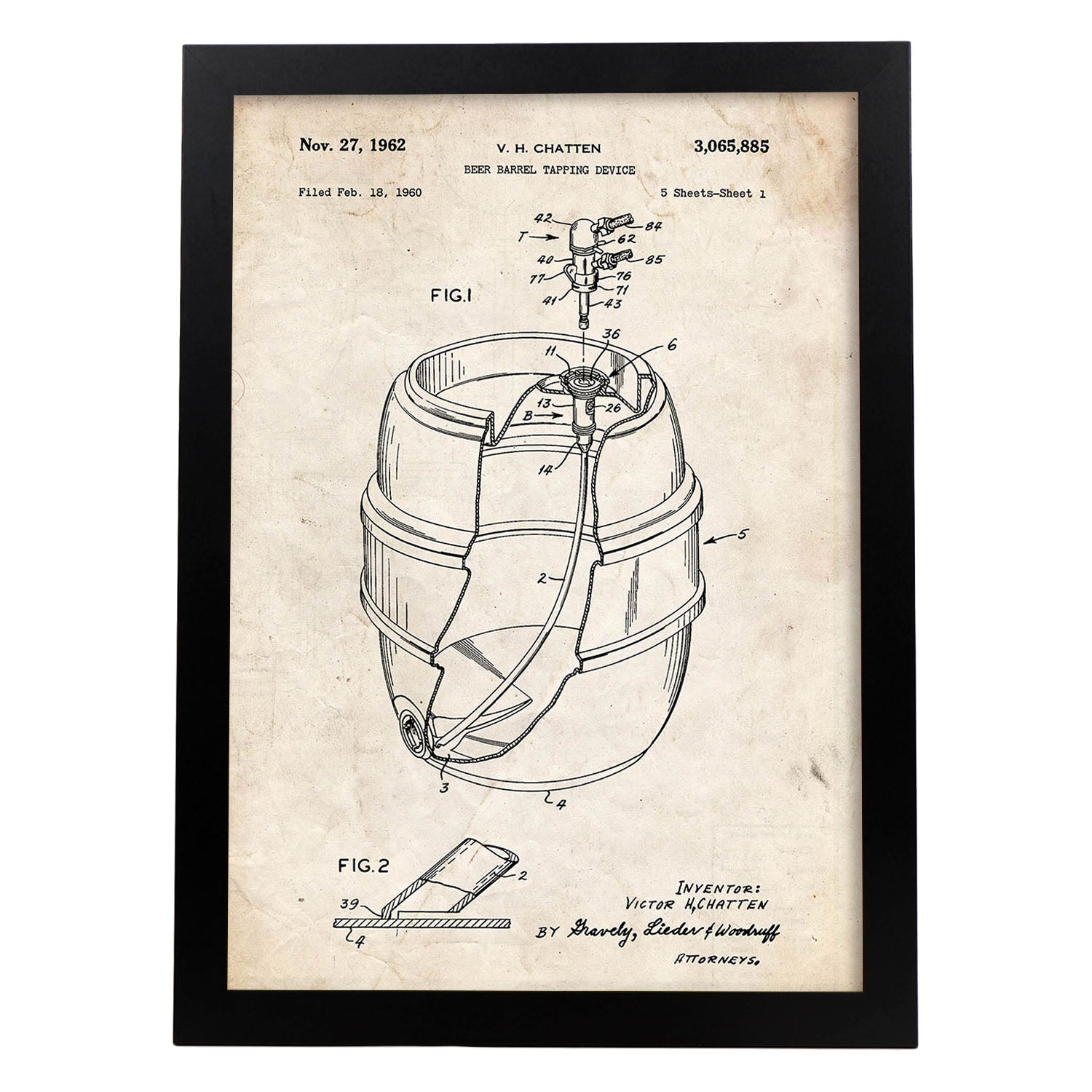 Poster con patente de Barril de cerveza. Lámina con diseño de patente antigua.-Artwork-Nacnic-A4-Marco Negro-Nacnic Estudio SL