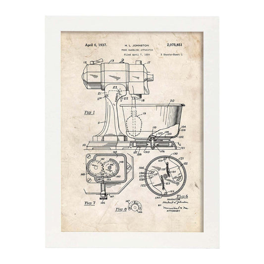 Poster con patente de Batidora industrial. Lámina con diseño de patente antigua.-Artwork-Nacnic-A4-Marco Blanco-Nacnic Estudio SL