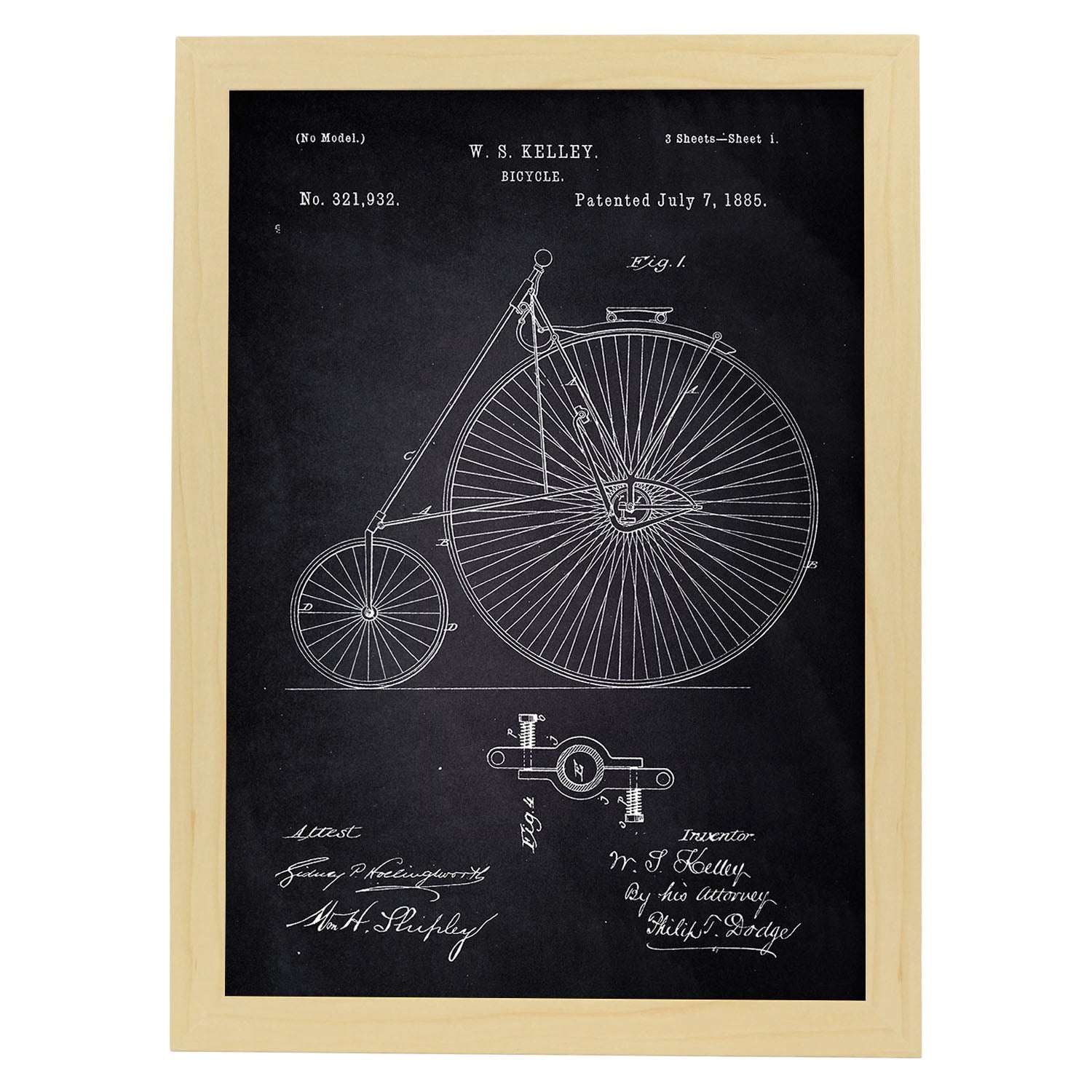 Poster con patente de Bicicleta 2. Lámina con diseño de patente antigua-Artwork-Nacnic-A3-Marco Madera clara-Nacnic Estudio SL