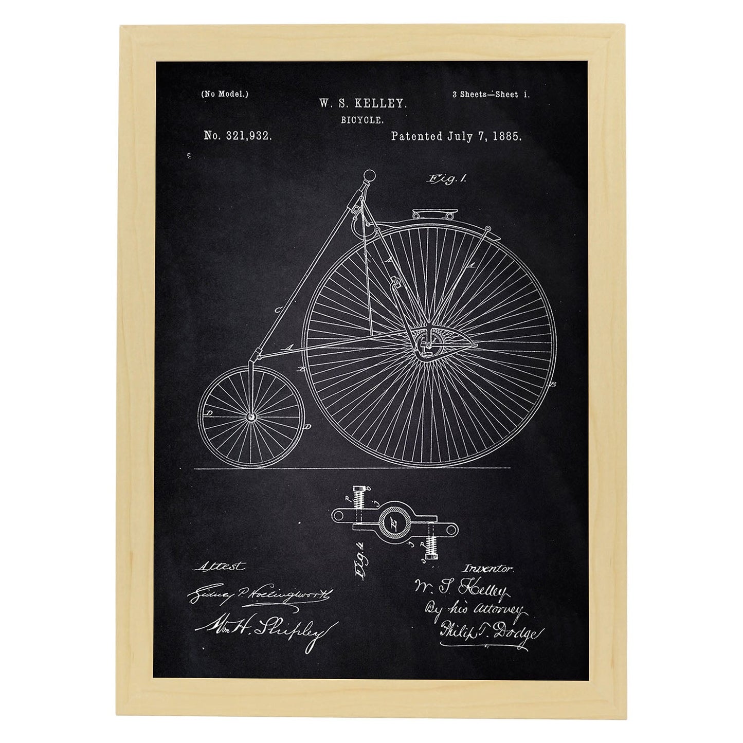 Poster con patente de Bicicleta 2. Lámina con diseño de patente antigua-Artwork-Nacnic-A4-Marco Madera clara-Nacnic Estudio SL