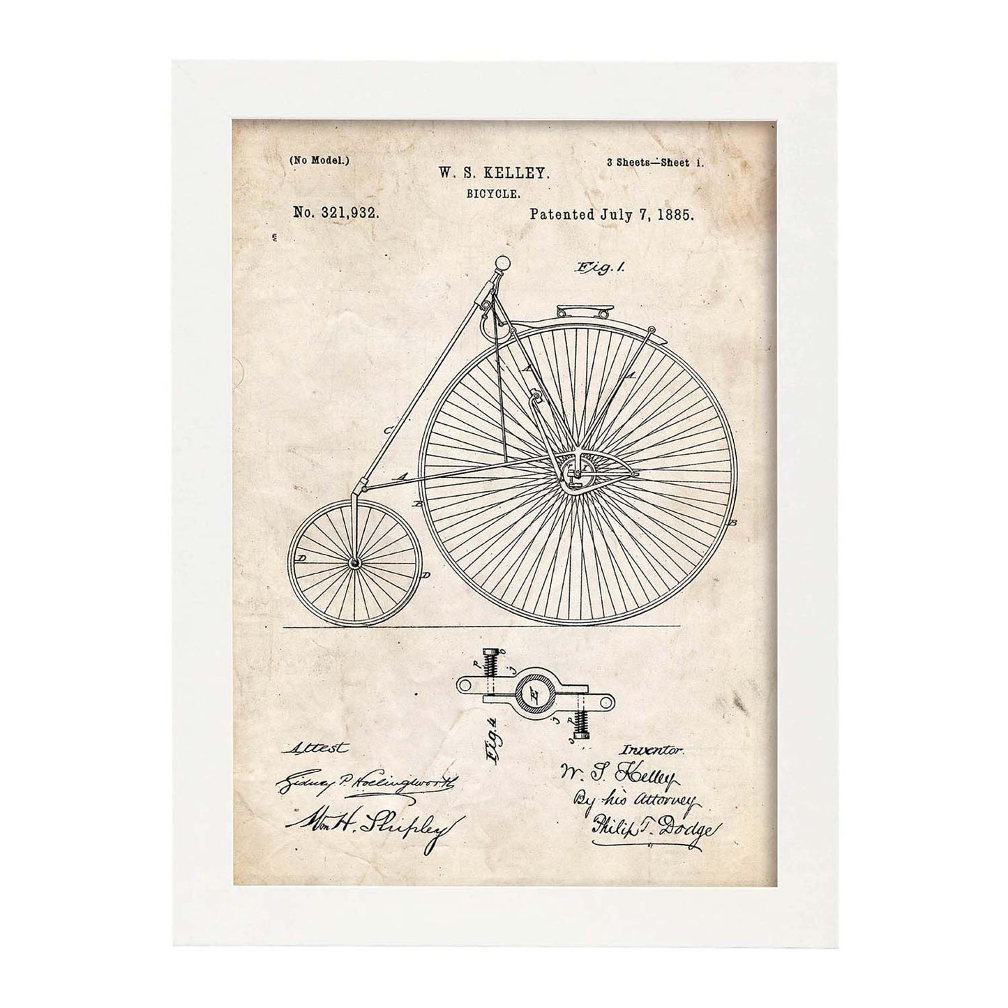 Poster con patente de Bicicleta 2. Lámina con diseño de patente antigua.-Artwork-Nacnic-A3-Marco Blanco-Nacnic Estudio SL