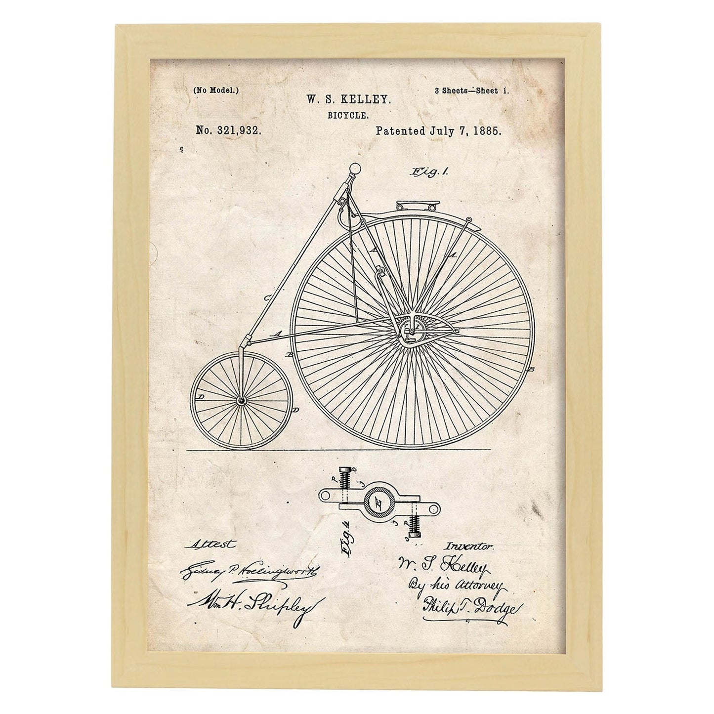 Poster con patente de Bicicleta 2. Lámina con diseño de patente antigua.-Artwork-Nacnic-A3-Marco Madera clara-Nacnic Estudio SL
