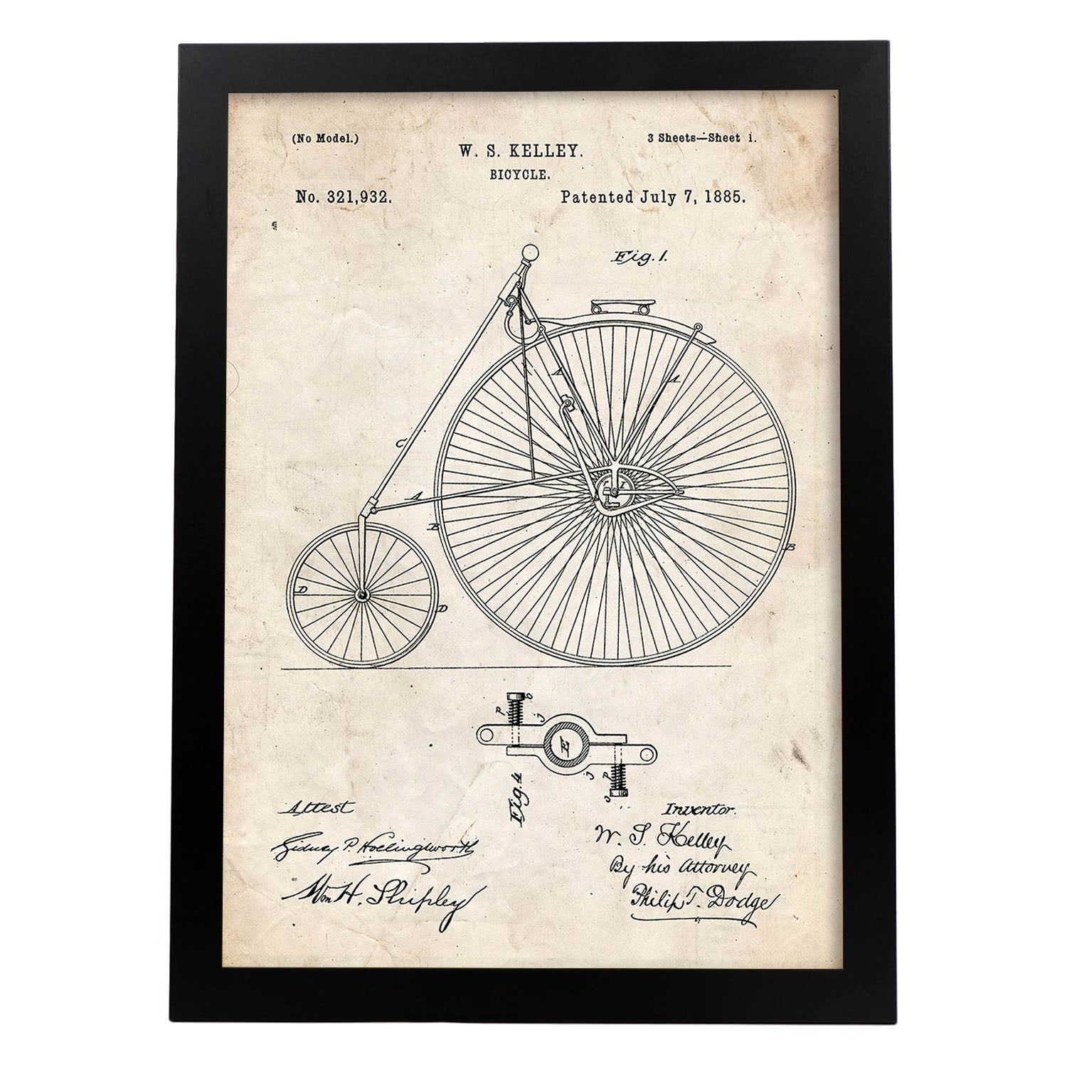 Poster con patente de Bicicleta 2. Lámina con diseño de patente antigua.-Artwork-Nacnic-A3-Marco Negro-Nacnic Estudio SL