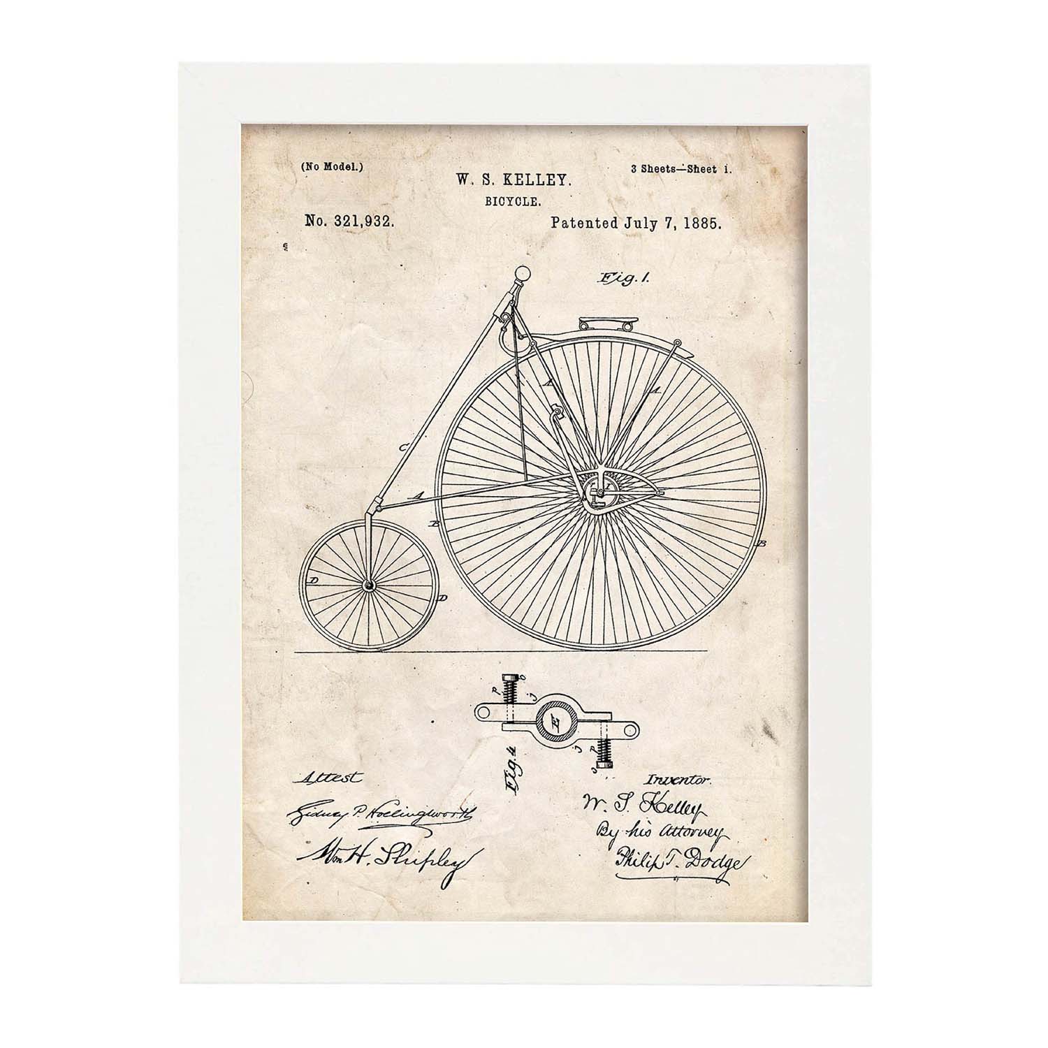 Poster con patente de Bicicleta 2. Lámina con diseño de patente antigua.-Artwork-Nacnic-A4-Marco Blanco-Nacnic Estudio SL