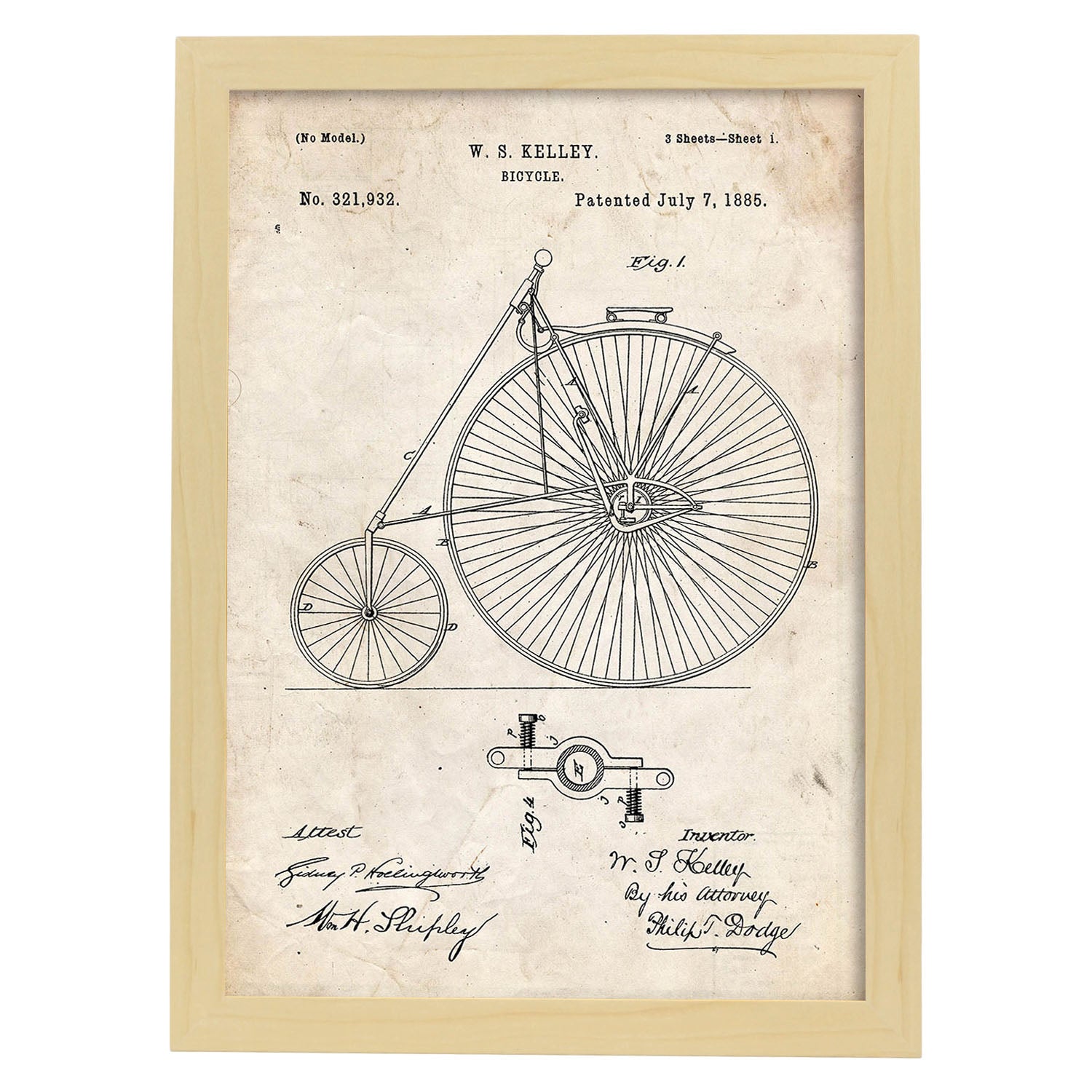 Poster con patente de Bicicleta 2. Lámina con diseño de patente antigua.-Artwork-Nacnic-A4-Marco Madera clara-Nacnic Estudio SL