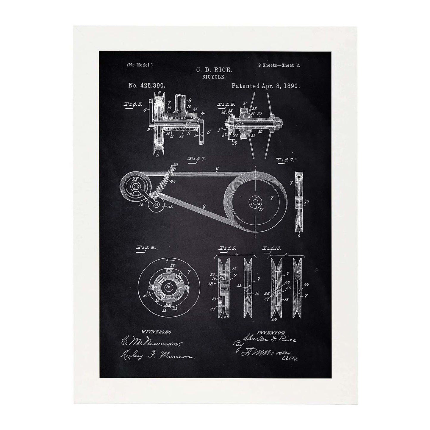 Poster con patente de Bicicleta 3. Lámina con diseño de patente antigua-Artwork-Nacnic-A4-Marco Blanco-Nacnic Estudio SL