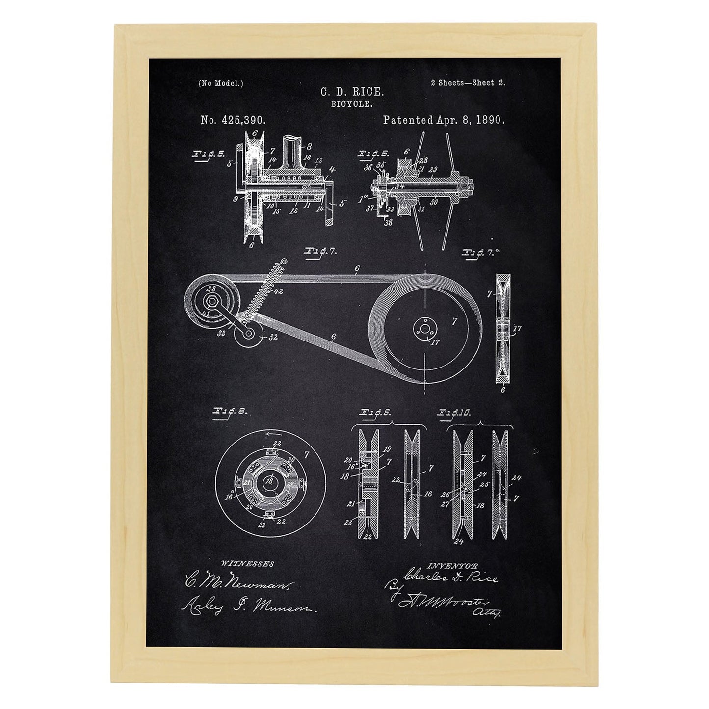 Poster con patente de Bicicleta 3. Lámina con diseño de patente antigua-Artwork-Nacnic-A4-Marco Madera clara-Nacnic Estudio SL