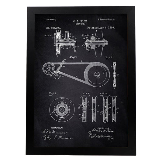 Poster con patente de Bicicleta 3. Lámina con diseño de patente antigua-Artwork-Nacnic-A4-Marco Negro-Nacnic Estudio SL