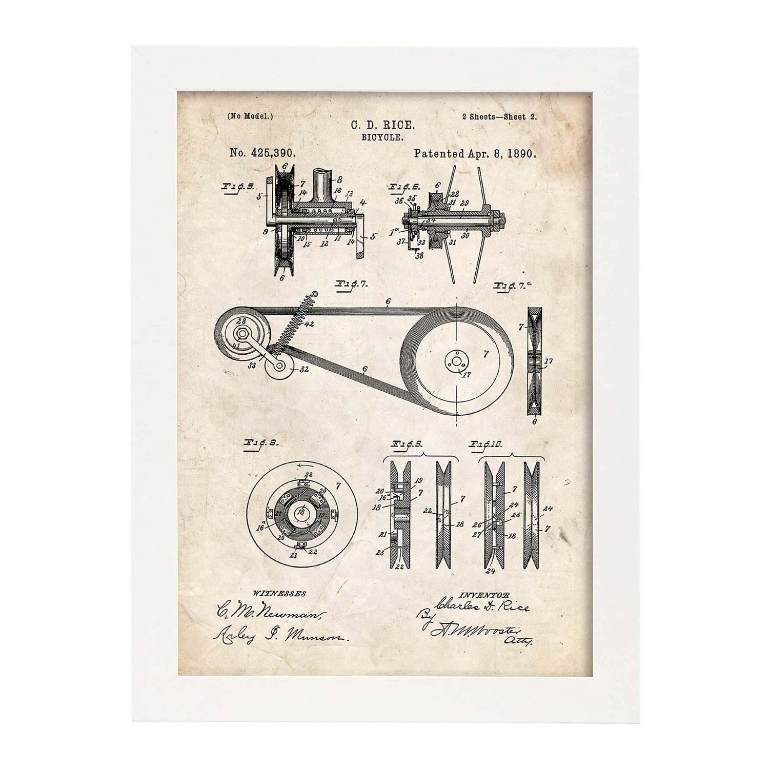 Poster con patente de Bicicleta 3. Lámina con diseño de patente antigua.-Artwork-Nacnic-A3-Marco Blanco-Nacnic Estudio SL
