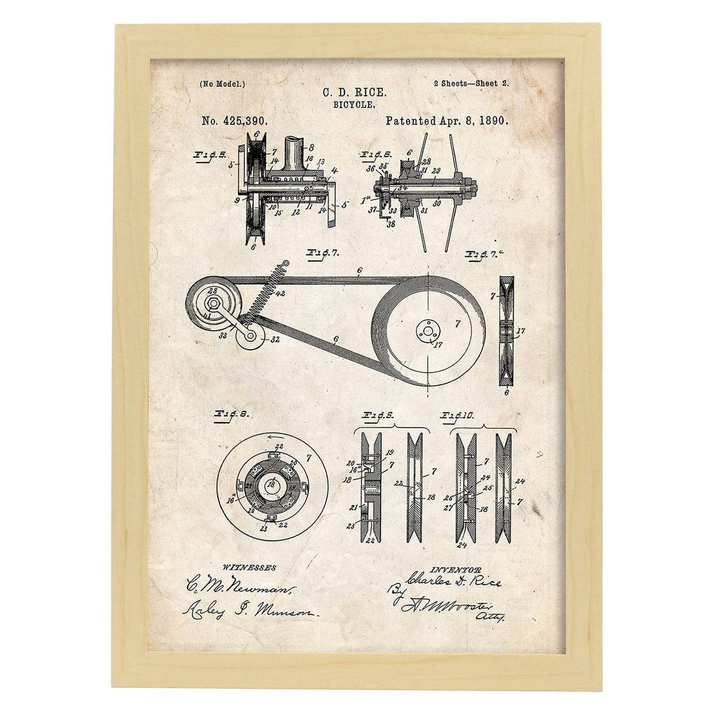 Poster con patente de Bicicleta 3. Lámina con diseño de patente antigua.-Artwork-Nacnic-A3-Marco Madera clara-Nacnic Estudio SL