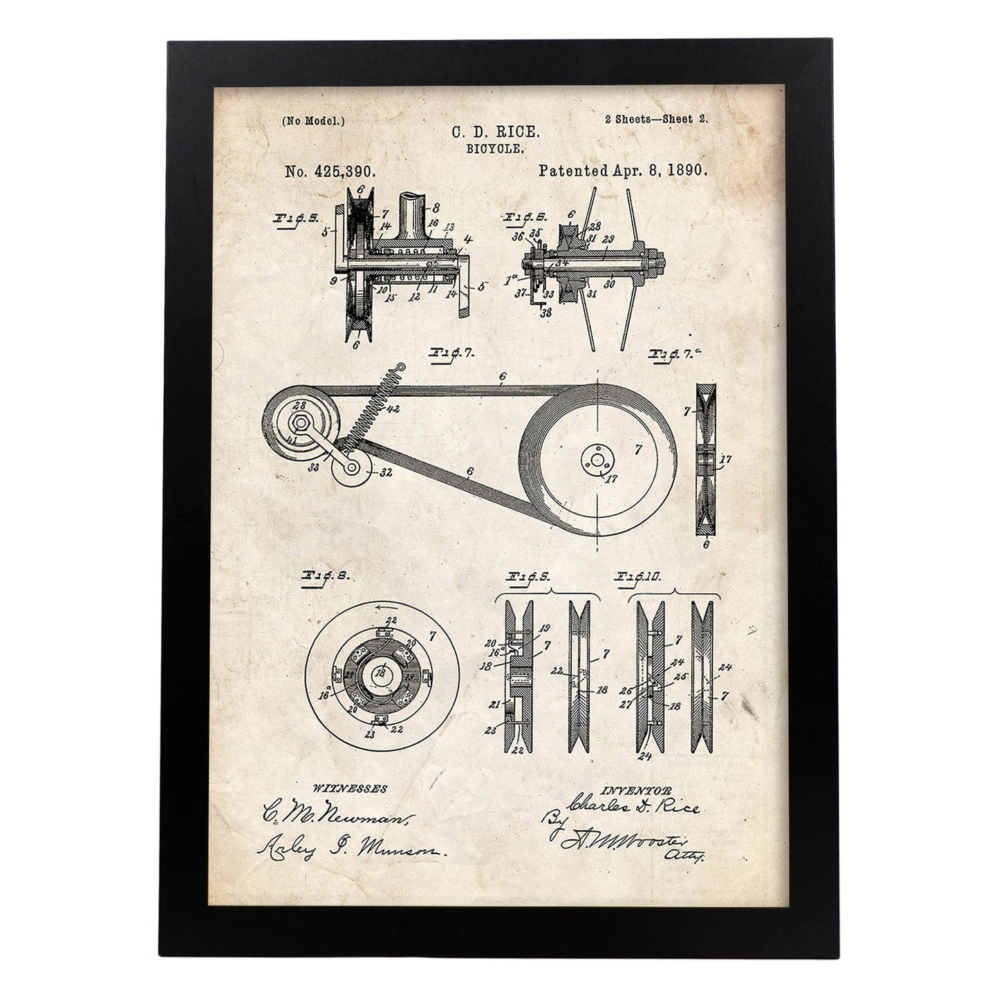 Poster con patente de Bicicleta 3. Lámina con diseño de patente antigua.-Artwork-Nacnic-A3-Marco Negro-Nacnic Estudio SL
