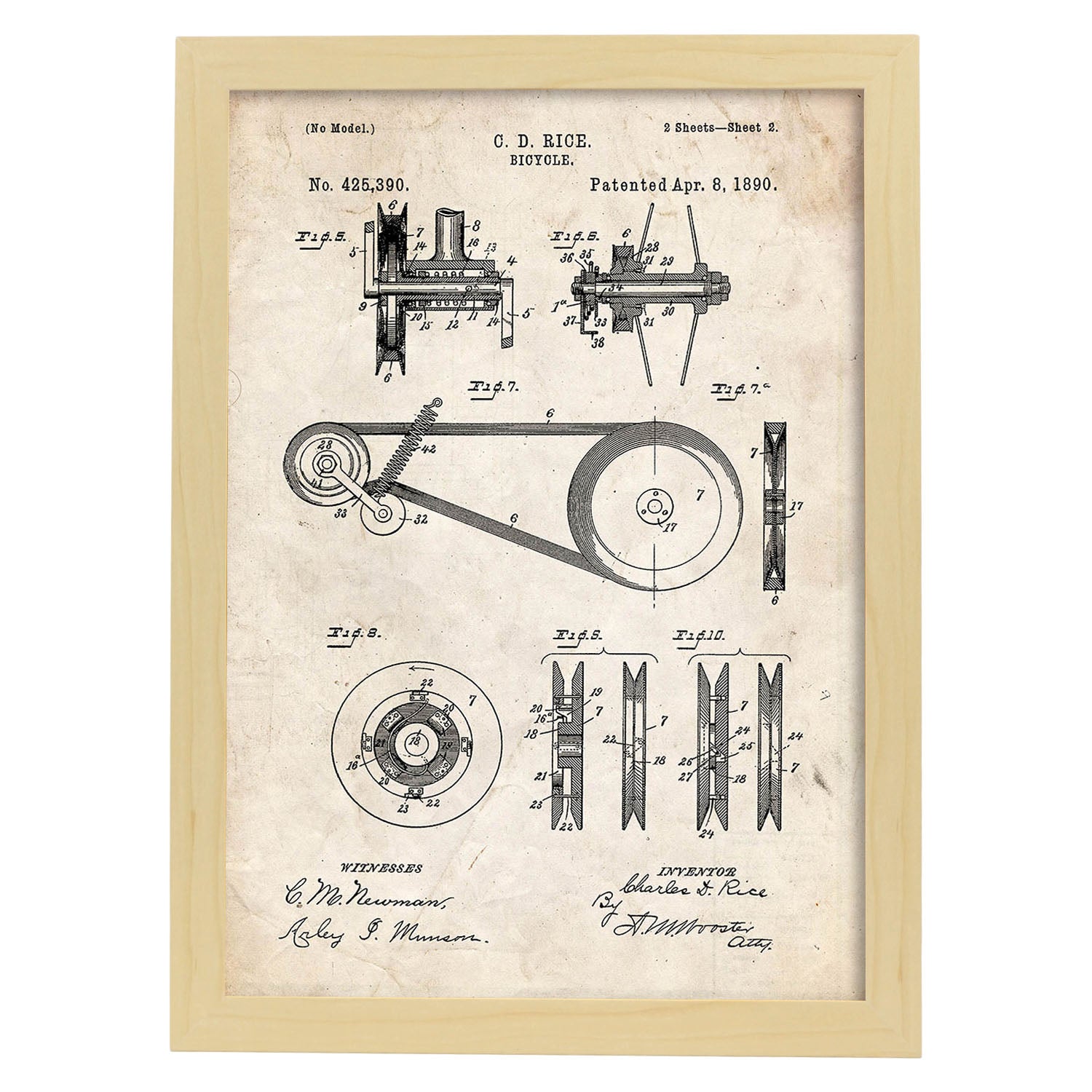 Poster con patente de Bicicleta 3. Lámina con diseño de patente antigua.-Artwork-Nacnic-A4-Marco Madera clara-Nacnic Estudio SL