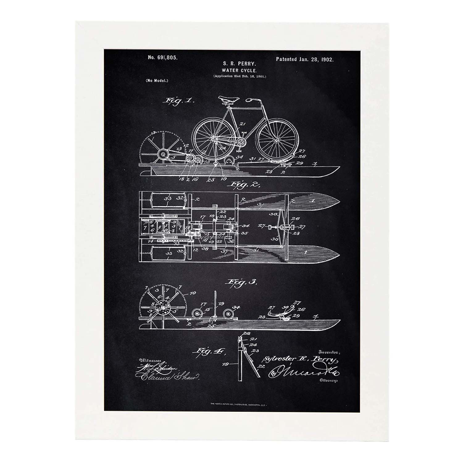 Poster con patente de Bicicleta acuatica. Lámina con diseño de patente antigua-Artwork-Nacnic-A3-Marco Blanco-Nacnic Estudio SL