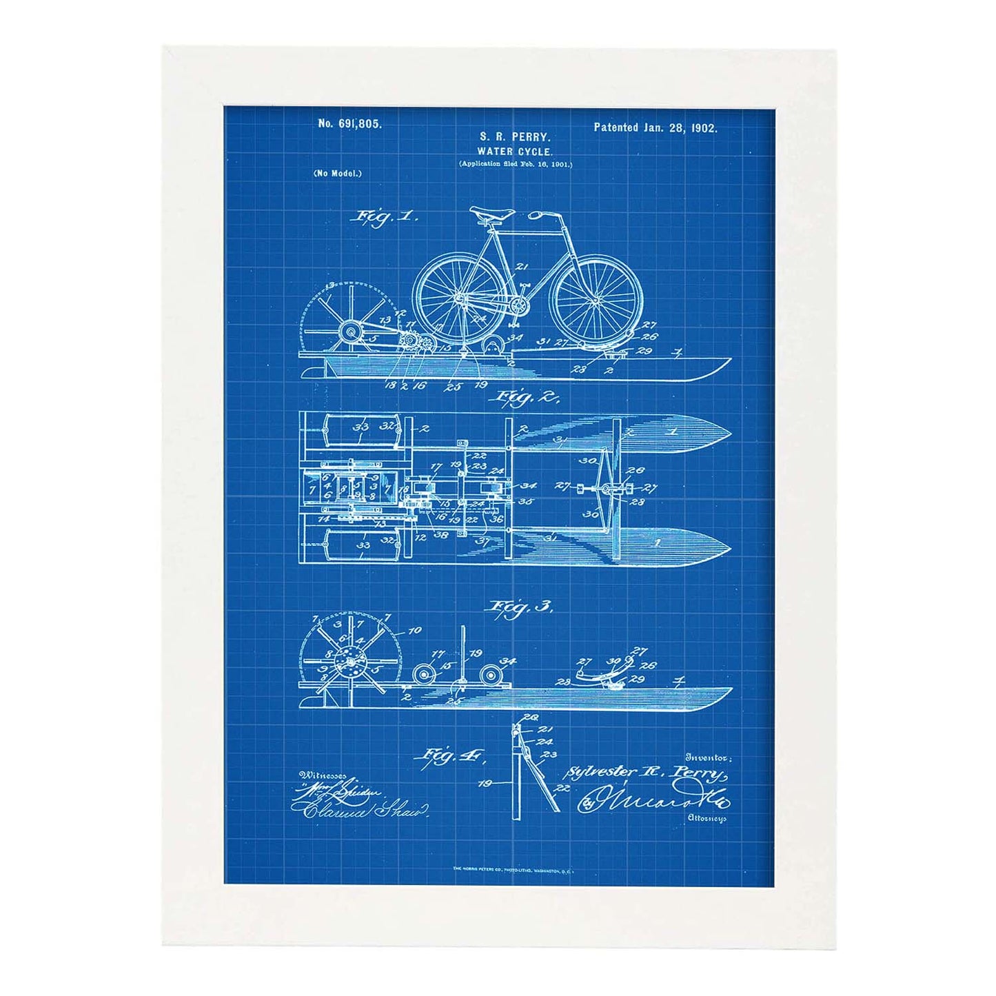 Poster con patente de Bicicleta acuatica. Lámina con diseño de patente antigua-Artwork-Nacnic-A3-Marco Blanco-Nacnic Estudio SL