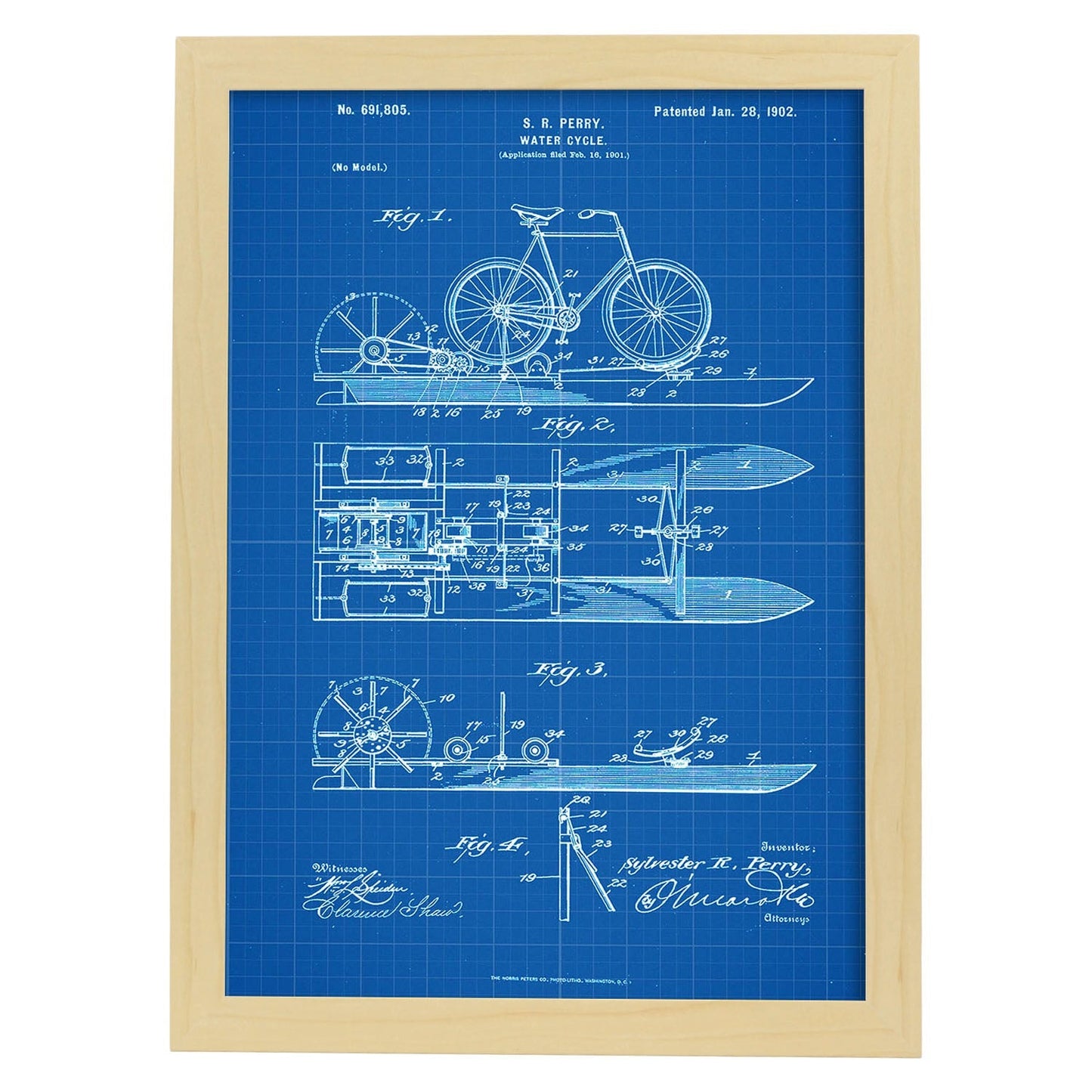 Poster con patente de Bicicleta acuatica. Lámina con diseño de patente antigua-Artwork-Nacnic-A3-Marco Madera clara-Nacnic Estudio SL