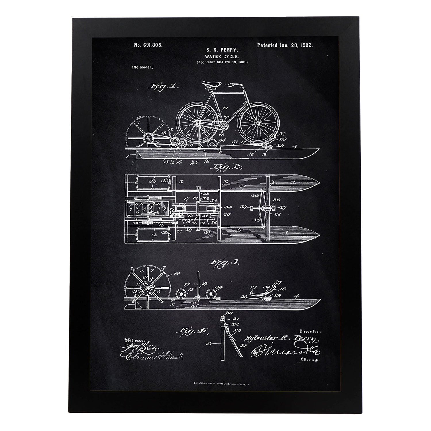 Poster con patente de Bicicleta acuatica. Lámina con diseño de patente antigua-Artwork-Nacnic-A3-Marco Negro-Nacnic Estudio SL