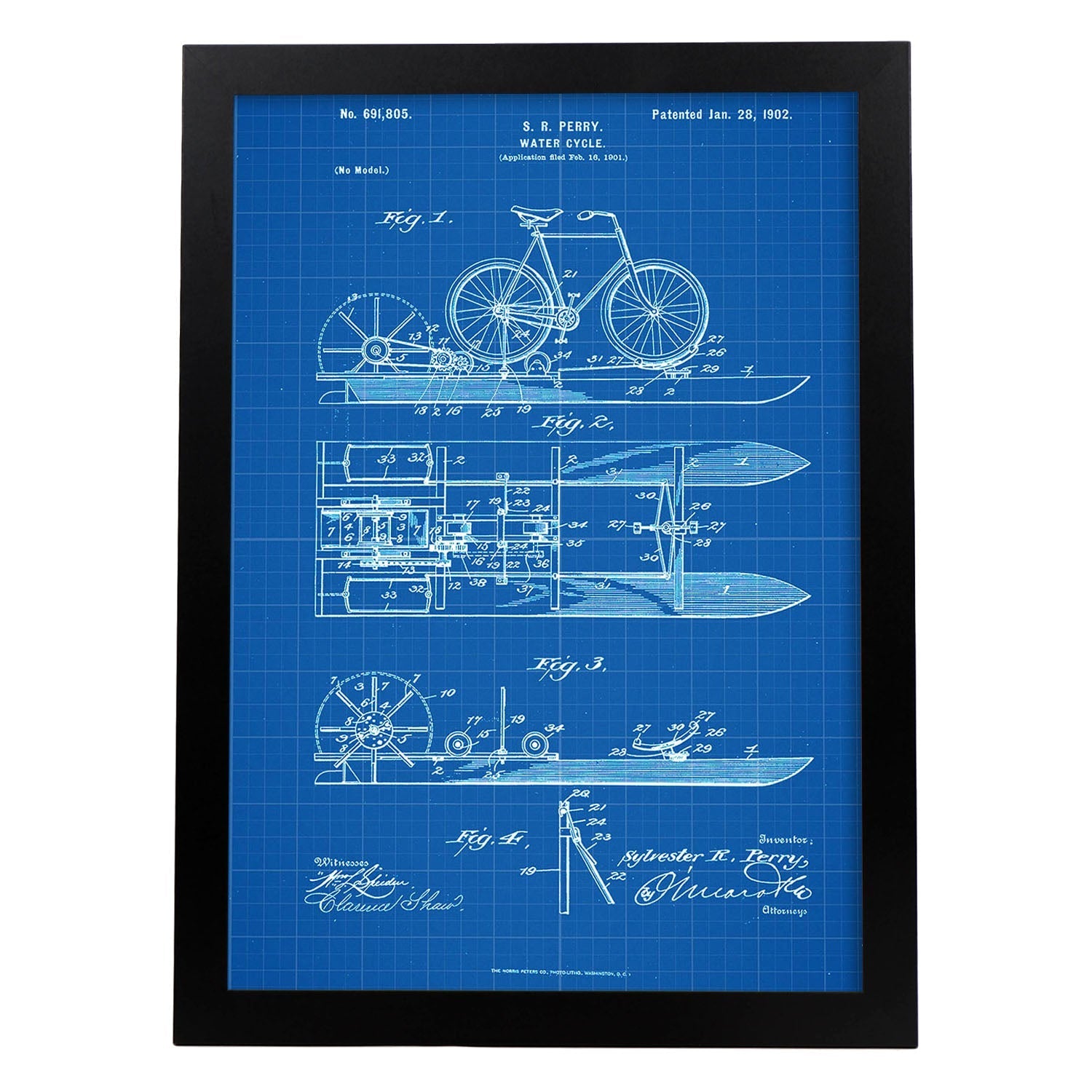 Poster con patente de Bicicleta acuatica. Lámina con diseño de patente antigua-Artwork-Nacnic-A3-Marco Negro-Nacnic Estudio SL